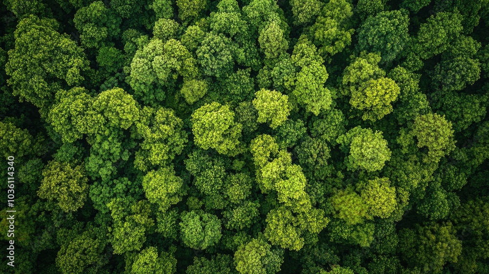 Fototapeta premium Aerial perspective highlights a lush green forest showcasing its diverse ecosystem and importance for the environment