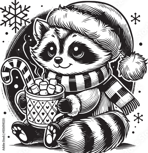 Raccoon, Funny Raccoon, A cute raccoon holding a cup full of Christmas candy, Christmas Raccoon
