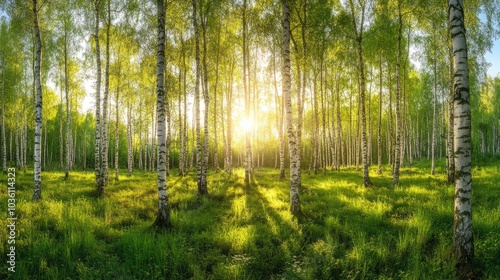 Fototapeta Naklejka Na Ścianę i Meble -  Lush green birch trees in vibrant sunlight A summer forest landscape with a sunset backdrop creating a wide panoramic view of nature