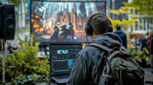 A person edits video content while watching a large screen display in an outdoor setting.