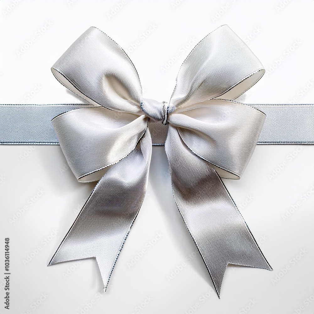 Naklejka premium white ribbon with gift bow isolated on white festive bow of white shiny satin ribbon and line of ribbon
