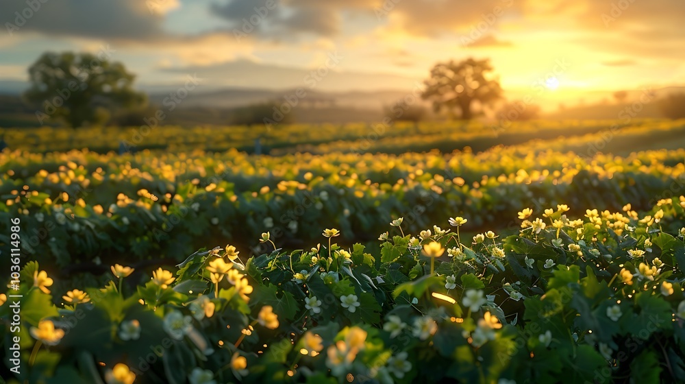 Obraz premium Sunset vineyard – Close-up view of the grapes in a vineyard. Vineyards, wine production, agriculture, organic.