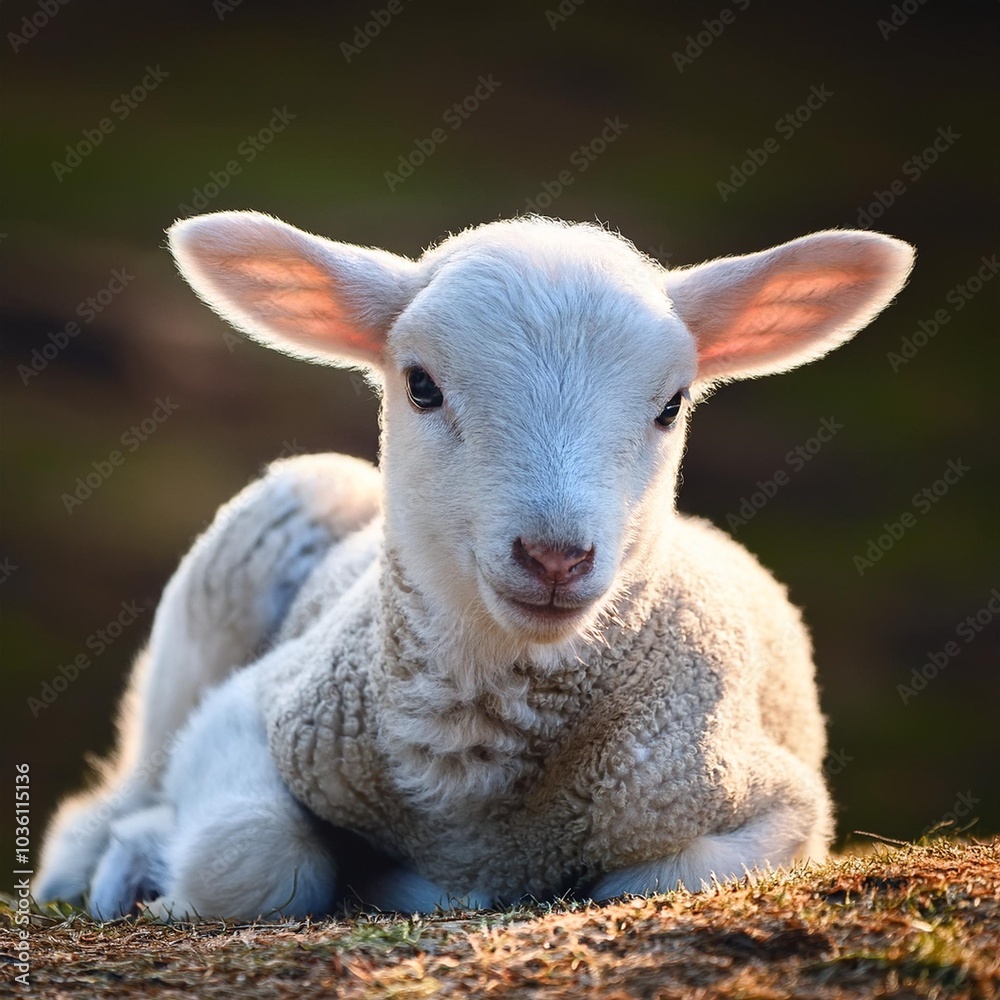 Fototapeta premium little lamb looking friendly white lambkin laying down relaxed and cheerful