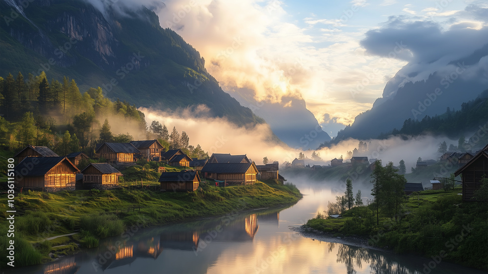 Fototapeta premium 朝霧に包まれた山間の村