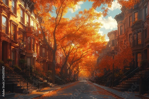 Autumn leaves blanket a street lined with brick townhouses.