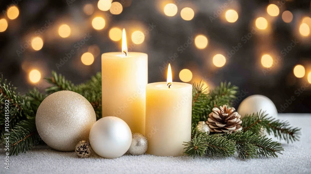 Warm white candles and elegant ornaments adorn a rustic table, creating a festive winter atmosphere with softly blurred lights Warm white candles and elegant ornaments adorn a rustic table, creating a festive winter atmosphere with softly blurred lights
