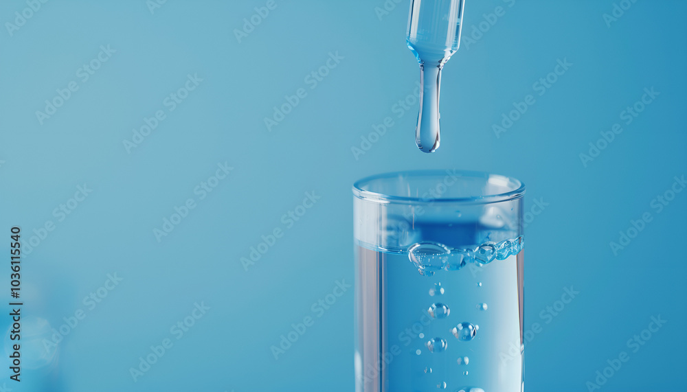 Dripping liquid from pipette into test tube on light blue background, closeup Dripping liquid from pipette into test tube on light blue background, closeup