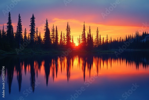 Silhouetted trees reflect in a still lake at sunset.