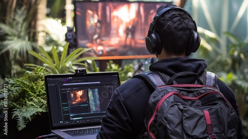 A person with headphones works on a laptop, focused on a screen displaying game graphics.