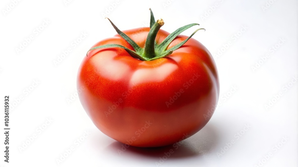 Single, ripe, red tomato with green stem laying on a plain white background Single, ripe, red tomato with green stem laying on a plain white background