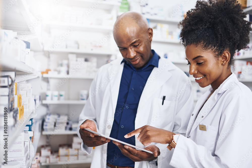 Fototapeta premium Pharmacy, inventory and people on tablet with medicine for teamwork, online prescription and medical service. Healthcare, pharmaceutical and pharmacists on tech for medication, pills and wellness