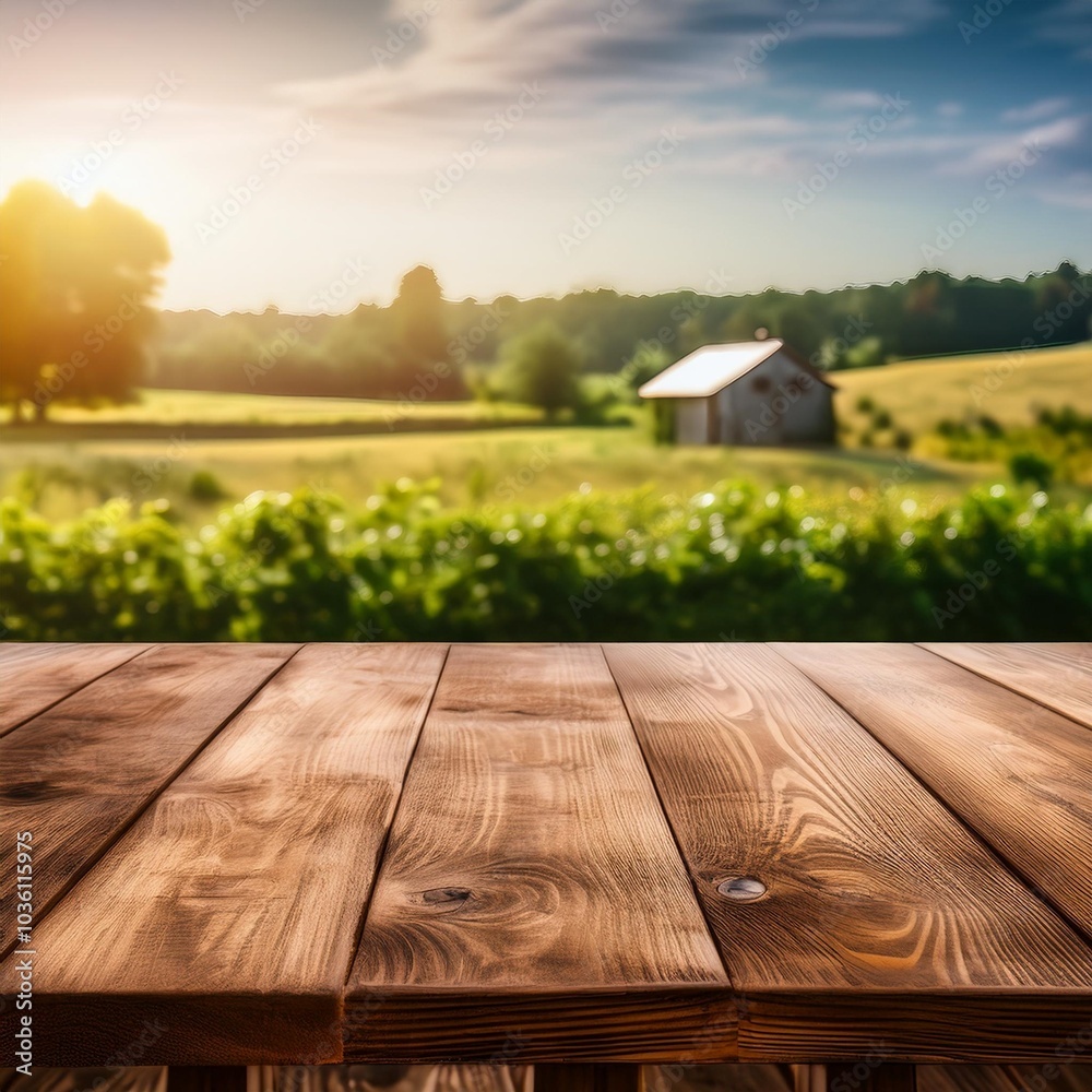 a close up of a rustic empty wooden table with blurred farm background a close up of a rustic empty wooden table with blurred farm background