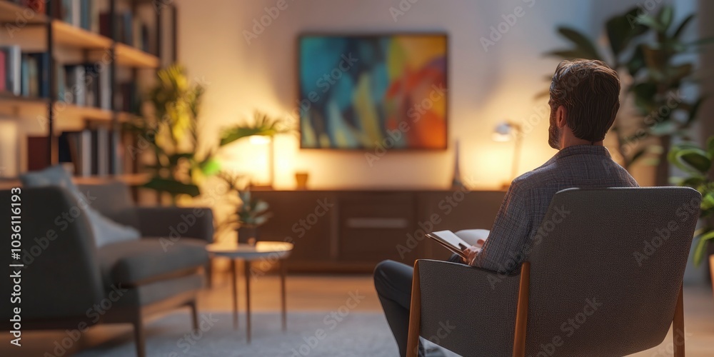 Photorealistic image of a modern, cozy psychologist's office, client sits in a comfortable chair Photorealistic image of a modern, cozy psychologist's office, client sits in a comfortable chair