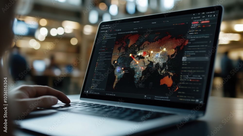Globales Cybersicherheits-Dashboard auf dem Laptop-Bildschirm im modernen Arbeitsbereich Globales Cybersicherheits-Dashboard auf dem Laptop-Bildschirm im modernen Arbeitsbereich