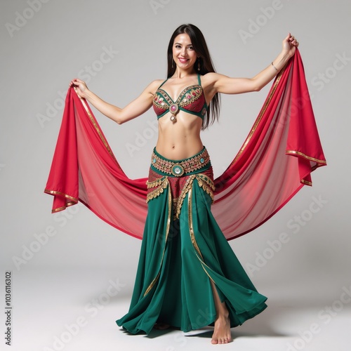 Captivating belly dancer performing gracefully in traditional costume photo