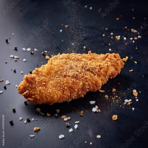 fried breaded chicken fillet with salt and pepper on a dark background photo