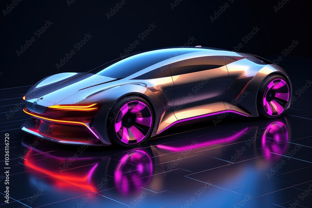 Naklejka premium Futuristic digital cars gleam under neon lights in a tech exhibition highlighting their sleek designs and innovative features for modern transportation