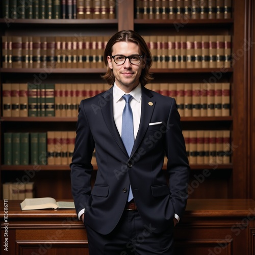 A professional photoshoot depicts an attractive attorney surrounded by books and law-themed details within a legal library setting photo