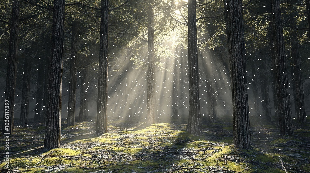 Obraz premium The sun illuminates the moss-covered forest through the tree trunks