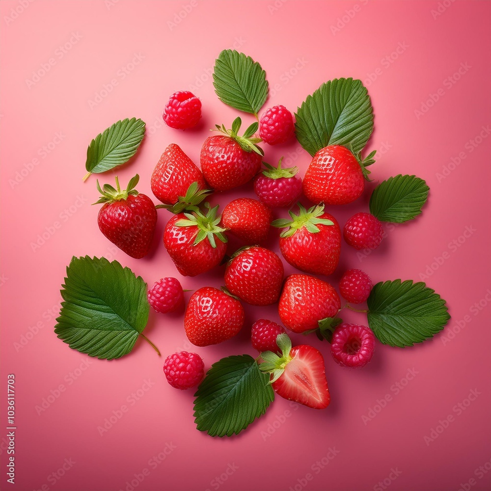 strawberries on a pink background fresh strawberries and raspberries with green leaves on a pink background strawberries on a pink background fresh strawberries and raspberries with green leaves on a pink background