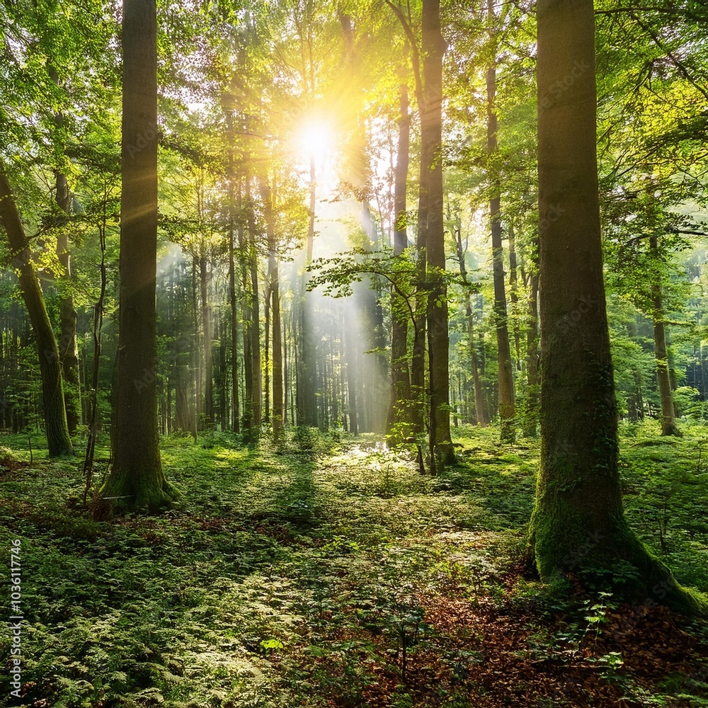 Fototapeta premium sunlight in green forest