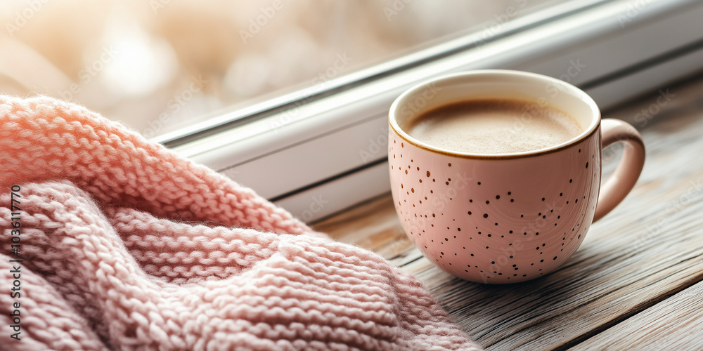 Cup of coffee against the background of a window and snow. Comfort warmth winter mood Cup of coffee against the background of a window and snow. Comfort warmth winter mood
