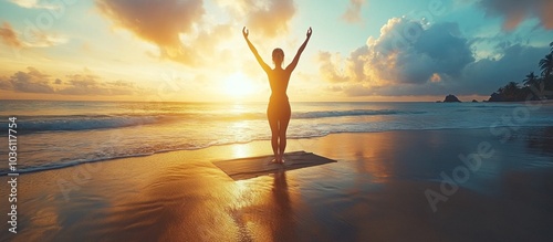 Fototapeta Naklejka Na Ścianę i Meble -  Silhouette of a woman practicing yoga on a sandy beach at sunset.