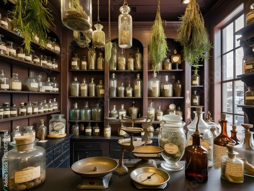 An enchanting apothecary shop in filled with vintage jars and herbal remedies overflowing with historical charm