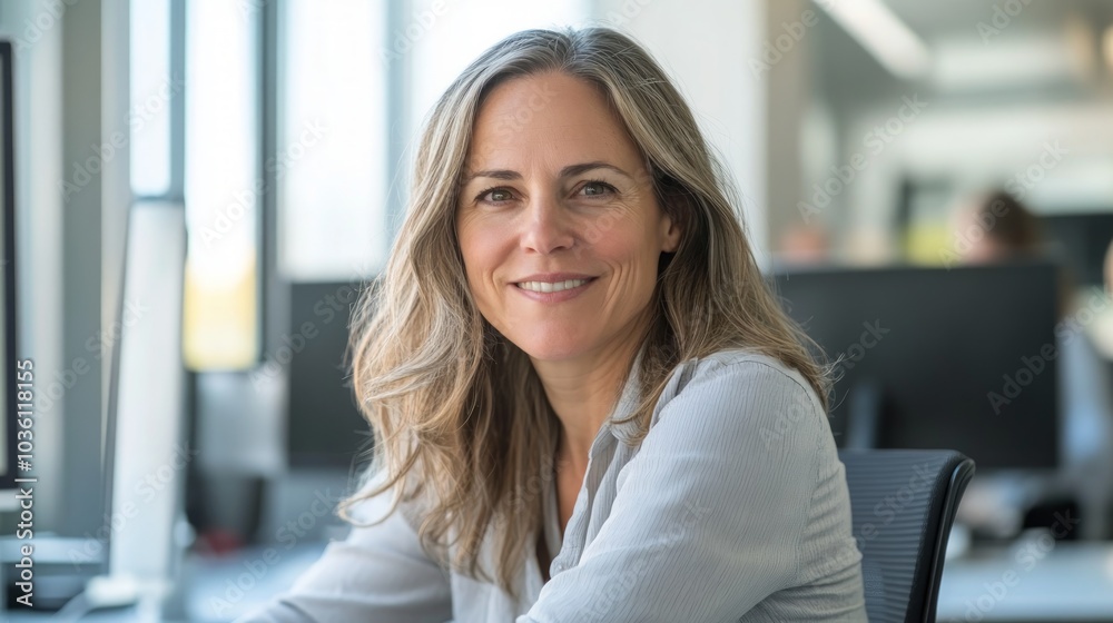 A professional woman smiling at her desk in a modern office environment. A professional woman smiling at her desk in a modern office environment.
