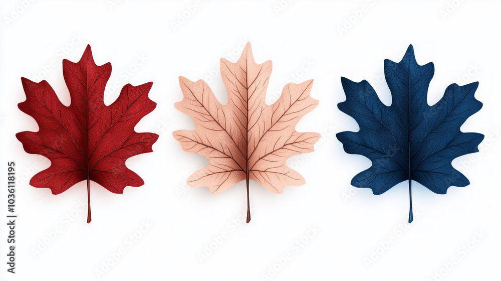 Three autumn leaves in red, pink, and blue arranged against a white background. Three autumn leaves in red, pink, and blue arranged against a white background.