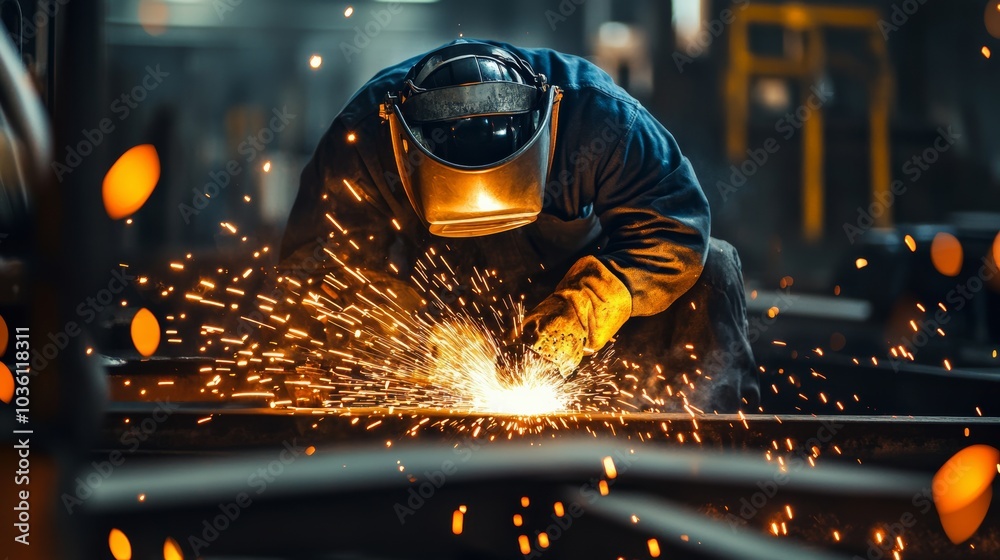 A detailed view of a welder in protective gear creating sparks while welding metal parts, Metal workshop scene, Dynamic and intense style A detailed view of a welder in protective gear creating sparks while welding metal parts, Metal workshop scene, Dynamic and intense style