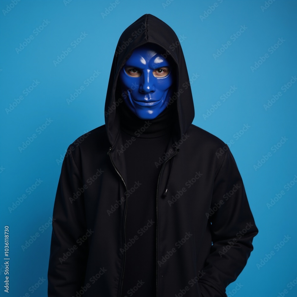 Blue-masked veiled individual with hood on blue studio backdrop Blue-masked veiled individual with hood on blue studio backdrop