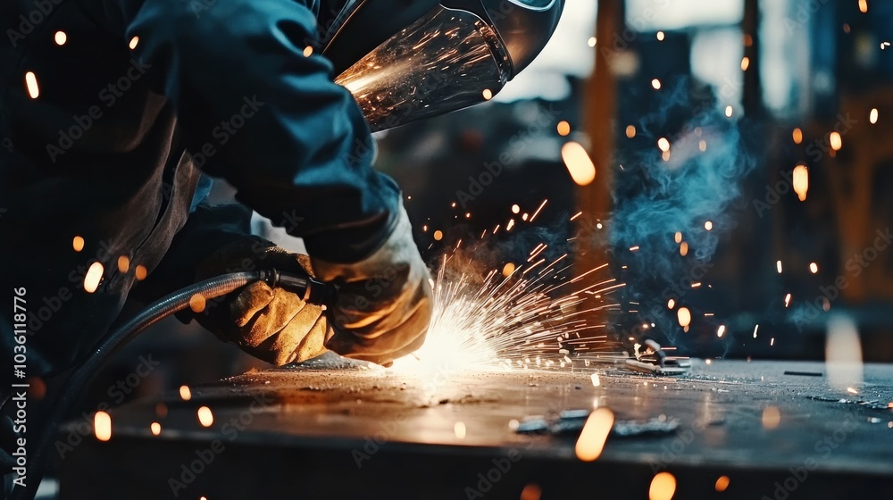 A detailed view of a welder in protective gear creating sparks while welding metal parts, Metal workshop scene, Dynamic and intense style A detailed view of a welder in protective gear creating sparks while welding metal parts, Metal workshop scene, Dynamic and intense style