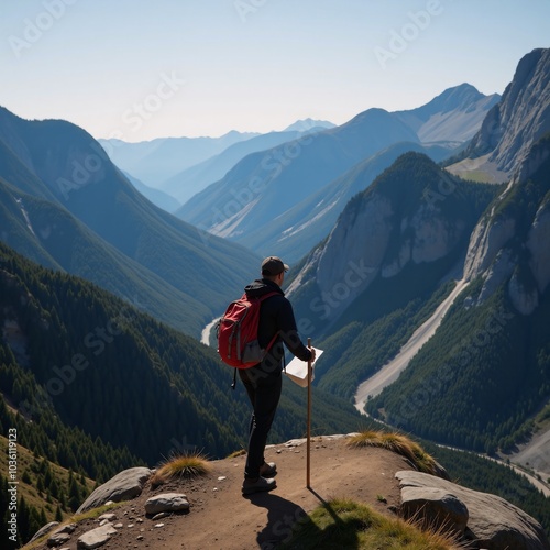 Hiker on an isolated extreme trekking adventure depicted with backpack map and staff in modern illustrative style