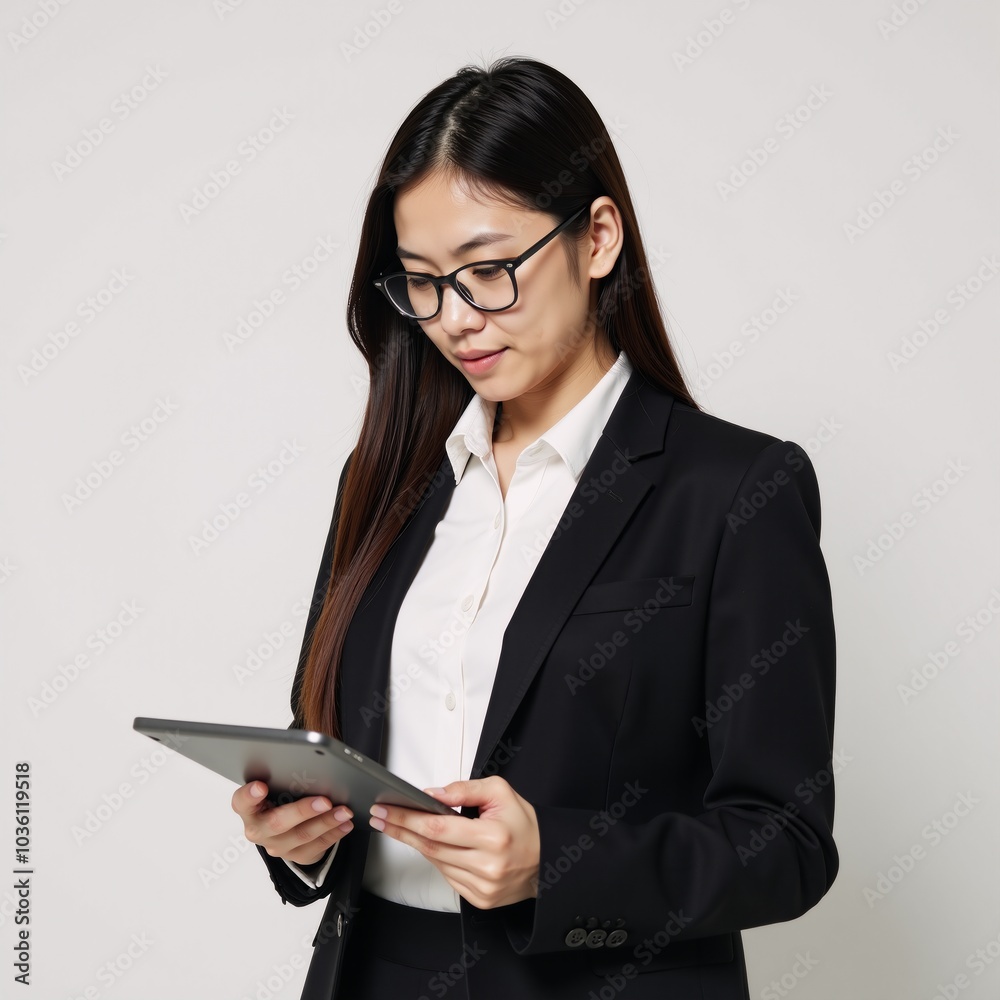 Businesswoman wearing glasses standing while holding a tablet in a professional outfit isolated Businesswoman wearing glasses standing while holding a tablet in a professional outfit isolated