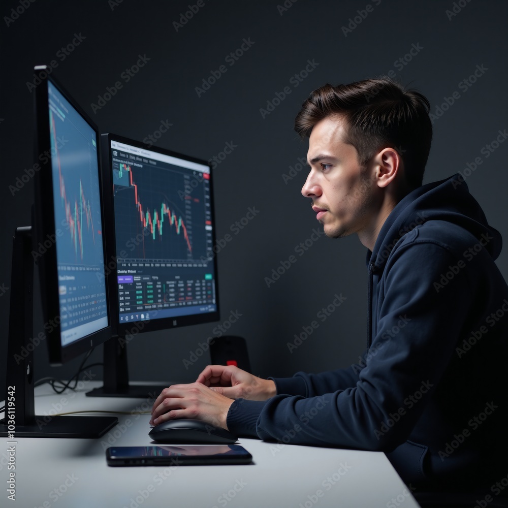 A hooded hacker performs stock analysis at his computer with market data displayed on a nearby phone A hooded hacker performs stock analysis at his computer with market data displayed on a nearby phone