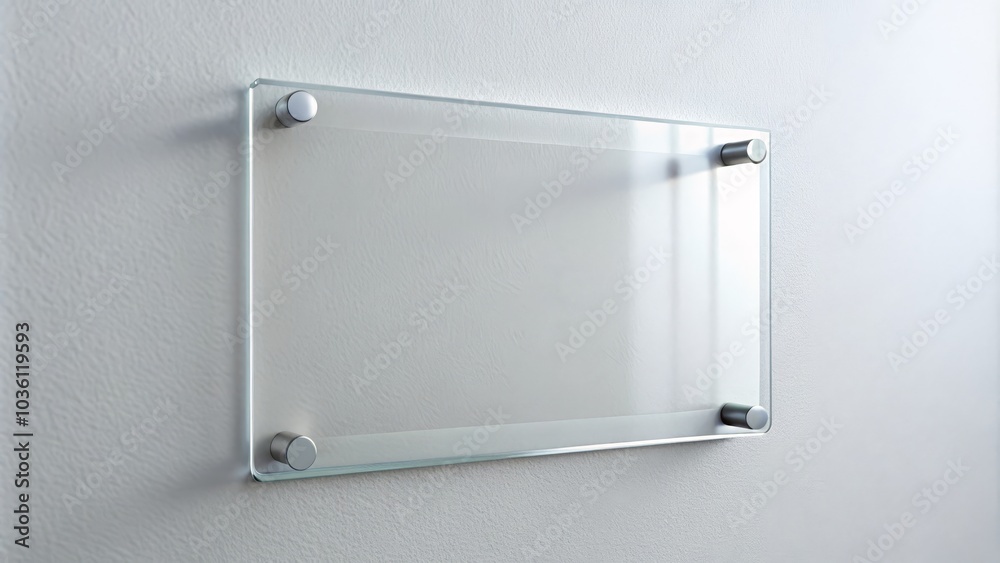 Transparent glass plate is hanging on a white wall, showing an empty space ready for your message or design Transparent glass plate is hanging on a white wall, showing an empty space ready for your message or design
