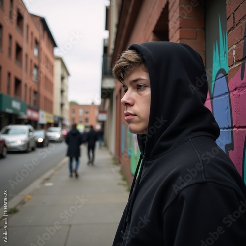 Young man gazes at gritty cityscape amidst themes of urban delinquency and youth challenges