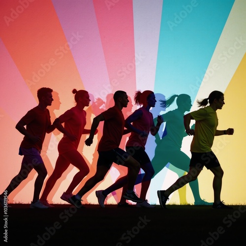 Group of people depicted as multi-colored silhouettes in dynamic action-filled running pose photo