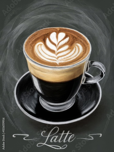 Cup of coffee drawn with chalk on black board. Cup of coffee Latte isolated on black background. Chalk inscription Latte. Menu, sketch, design