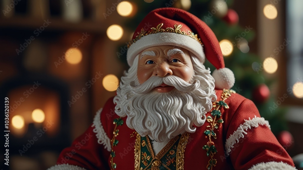 Close-up portrait of a Santa Claus figurine with a red suit and white beard, looking at the camera with a warm smile. He is sitting in front of a Christmas tree Close-up portrait of a Santa Claus figurine with a red suit and white beard, looking at the camera with a warm smile. He is sitting in front of a Christmas tree