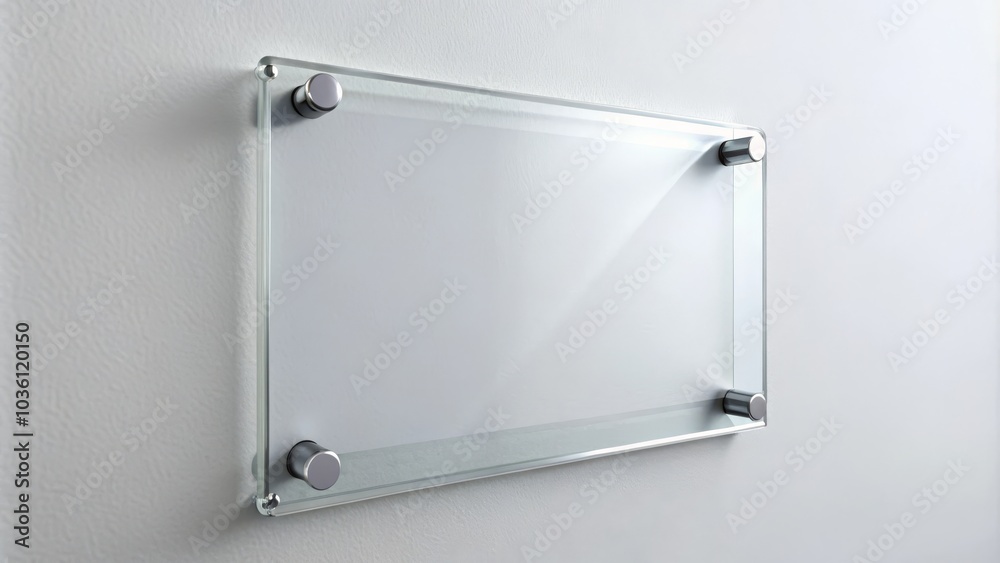 Transparent glass plate is hanging on a white wall, showing an empty space ready for your message or design Transparent glass plate is hanging on a white wall, showing an empty space ready for your message or design