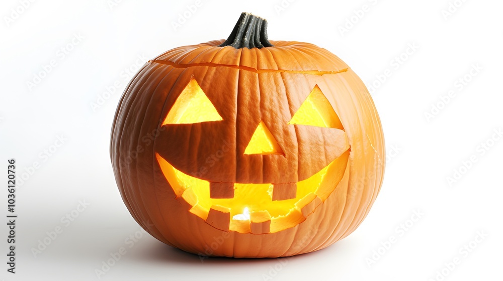 carved pumpkin with a classic jack-o’-lantern face, lit from within on a white surface carved pumpkin with a classic jack-o’-lantern face, lit from within on a white surface