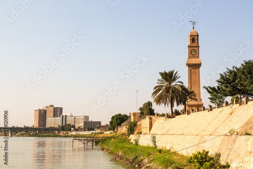 Baghdad, Iraq - 11 November 2022: Al Quishla, clock tower in Baghdad city centre on the shore of the river