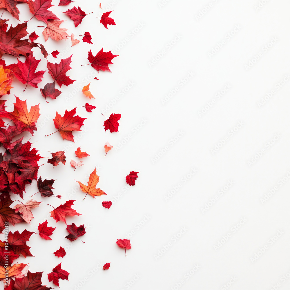 Red and orange autumn leaves scattered on a white background. Red and orange autumn leaves scattered on a white background.