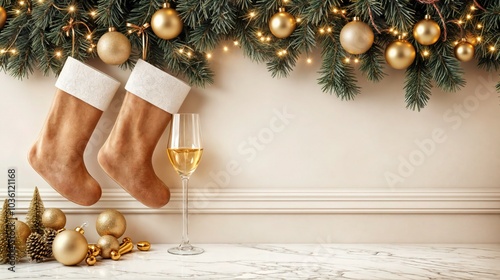 Obraz na płótnie Elegant Christmas stockings with gold ornaments and wine glass on marble surface, luxury holiday decor w salonie