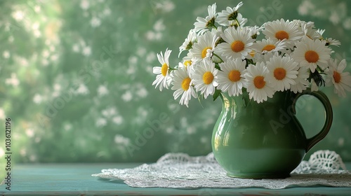 A vibrant green vase filled with fresh daisies on a rustic wooden table by th...