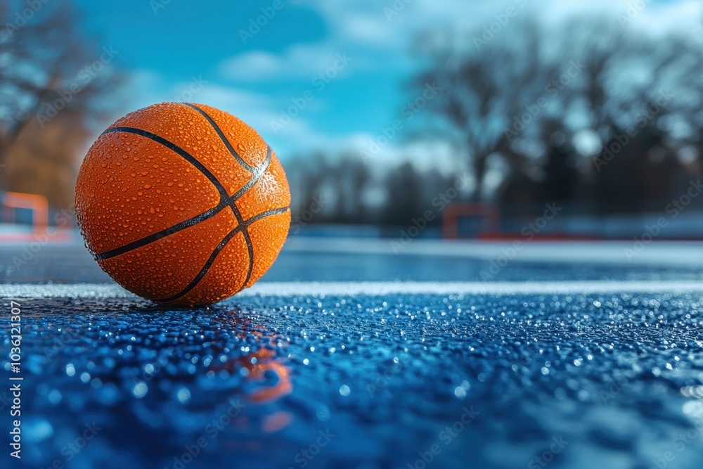 A wet basketball on a vibrant court after a rain at an outdoor sports facility during the day A wet basketball on a vibrant court after a rain at an outdoor sports facility during the day