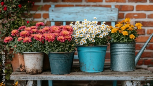 Colorful flowers in vibrant pots arranged on a rustic wooden table in a sunny...