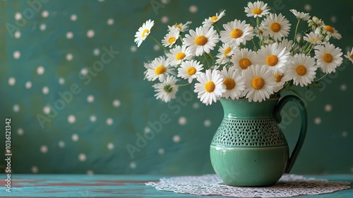 A vibrant green vase filled with fresh daisies on a rustic wooden table by th...